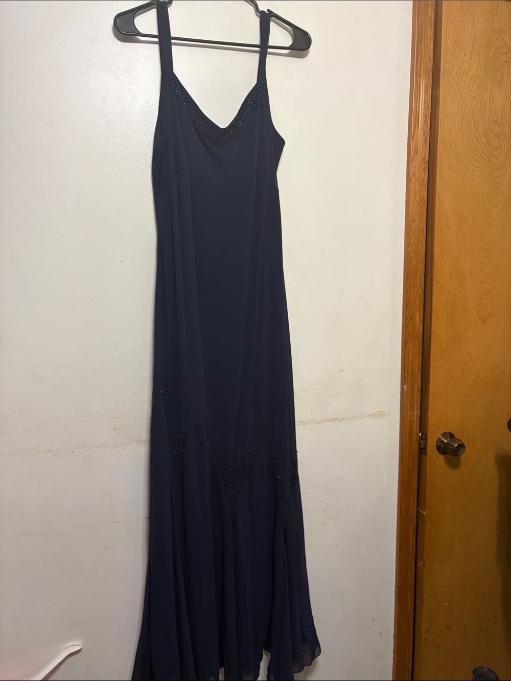 David's Bridal Navy Beaded Slip Maxi Gown